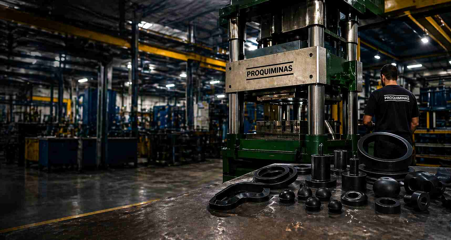 Fábrica ADGI Proquiminas com prensa hidráulica industrial, operador técnico e peças técnicas em borracha fabricadas sob medida para diversos segmentos industriais