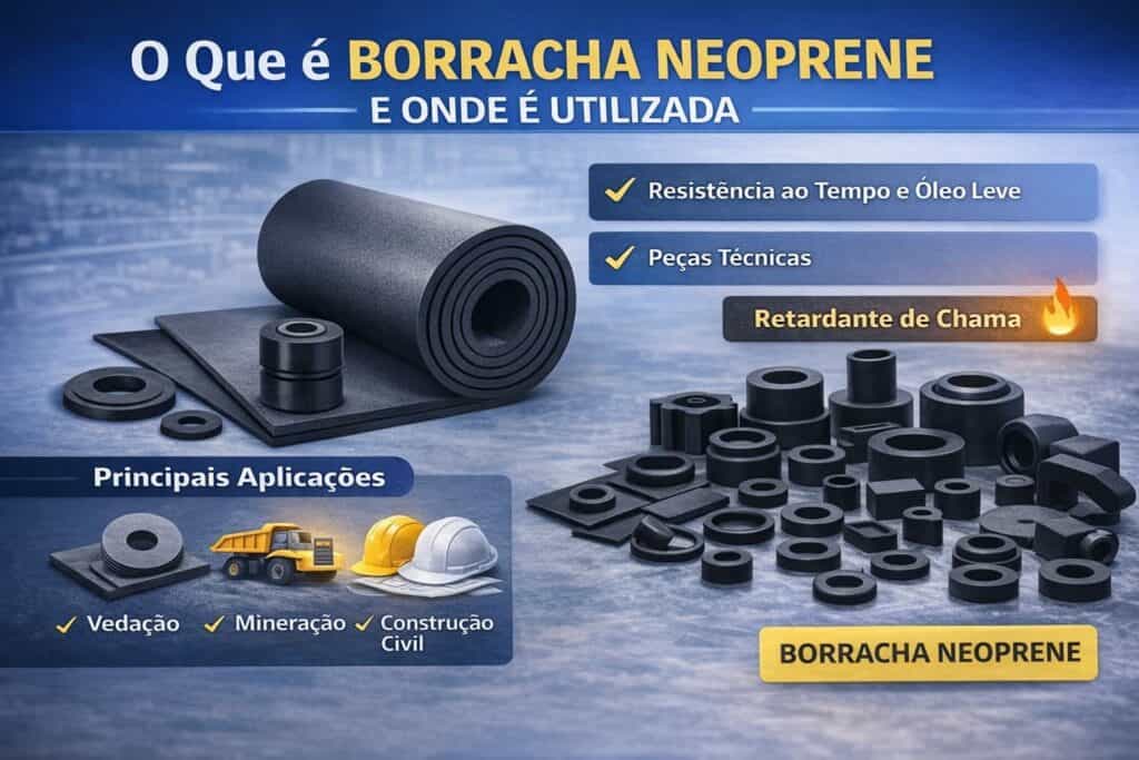 Peças técnicas em borracha neoprene utilizadas em aplicações industriais, vedação e proteção mecânica