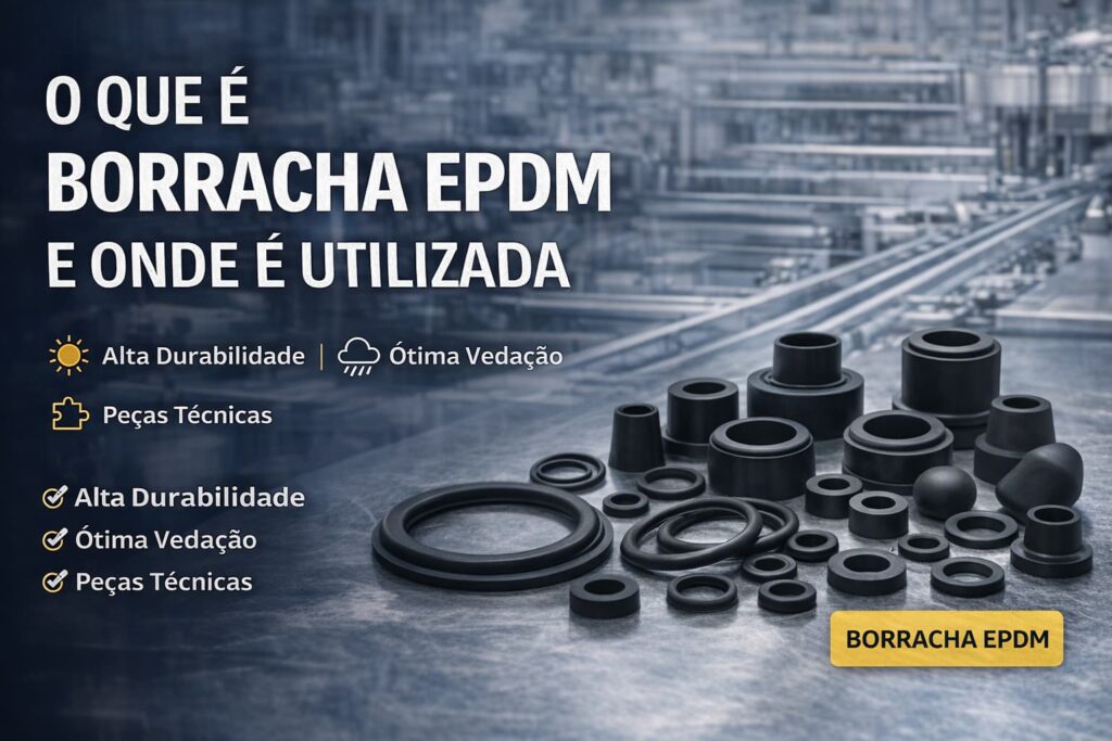 Peças técnicas em borracha EPDM utilizadas em aplicações industriais com alta resistência ao tempo, ozônio e intempéries