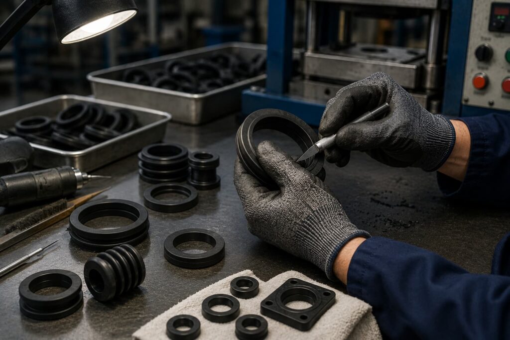 Acabamento manual de peças técnicas em borracha na ADGI Proquiminas, com remoção de rebarbas, inspeção visual e controle de qualidade industrial.