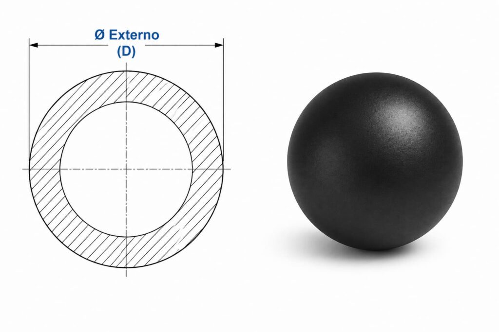 Esfera oca de borracha com croqui técnico mostrando Ø externo (D) – ADGI Proquiminas