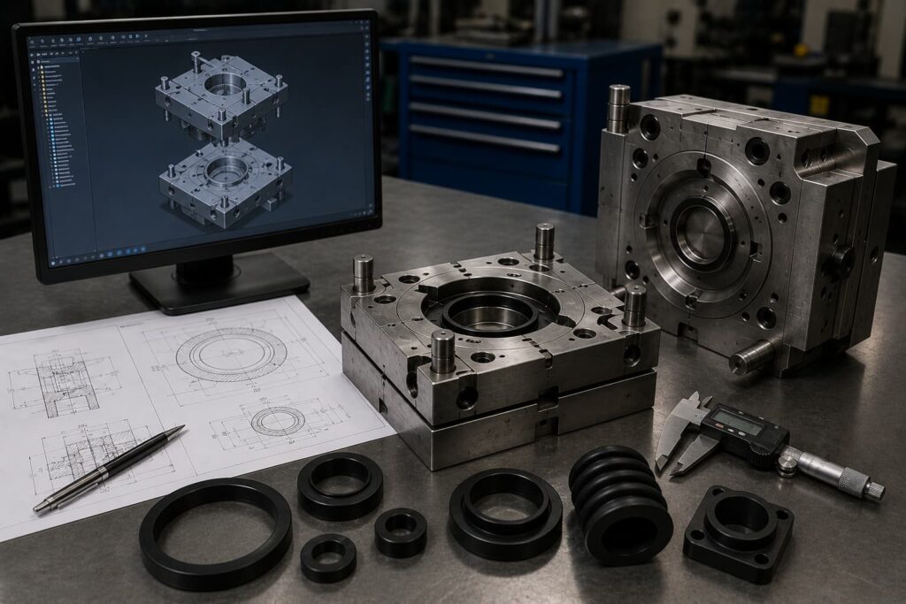 Desenvolvimento de molde metálico para fabricação de peças técnicas em borracha na ADGI Proquiminas, com projeto CAD, desenho técnico e molde industrial de precisão.