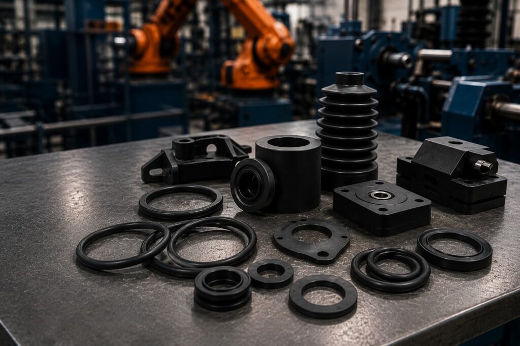 Peças técnicas em borracha industrial fabricadas pela ADGI Proquiminas sobre bancada metálica em ambiente industrial, incluindo juntas, anéis de vedação, buchas e componentes elastoméricos.