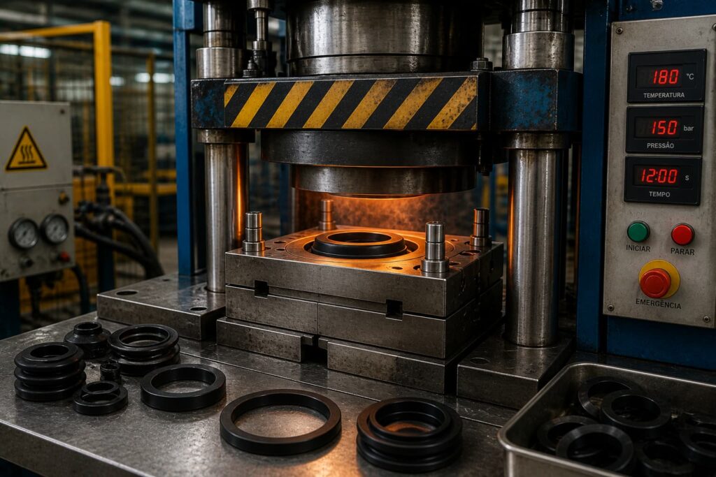Prensagem a quente de peças técnicas em borracha em prensa hidráulica industrial na ADGI Proquiminas, com molde metálico aquecido e processo de vulcanização controlado.