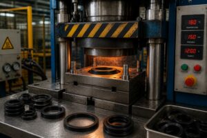 Prensagem e vulcanização de borracha em prensa hidráulica industrial