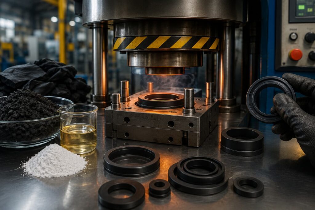 Processo de vulcanização de peças técnicas em borracha realizado em prensa hidráulica industrial na ADGI Proquiminas, com moldes metálicos e artefatos de borracha técnica.
