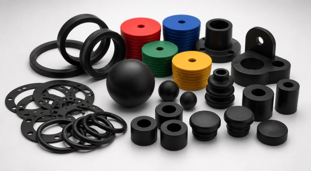 Banner com diversos produtos de borracha industrial, incluindo anéis de vedação, juntas, esferas, batoques, buchas e peças técnicas sobre fundo claro.
