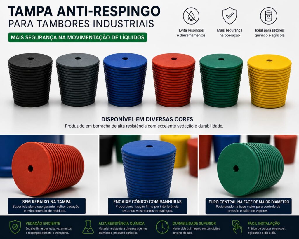Tampas anti-respingo de borracha para tambores industriais em diversas cores com encaixe cônico e ranhuras externas