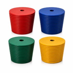 Tampas anti-respingo para tambores industriais em borracha nas cores vermelho, azul, verde e amarelo com vedação cônica e furo central