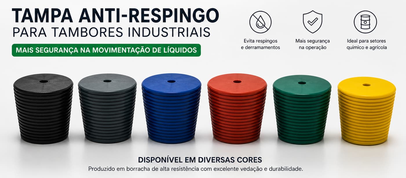 Tampa anti-respingo de borracha para tambores industriais disponível em preto, cinza, azul, vermelho, verde e amarelo — ADGI Proquiminas