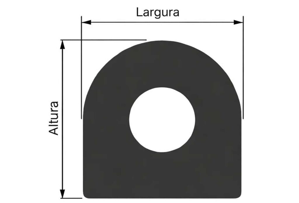 perfil de borracha oco trefilado com furo central e dimensões de largura e altura para vedação industrial