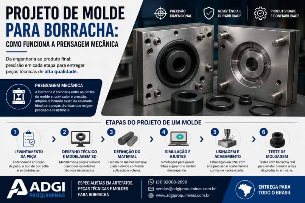 Imagem ilustrativa em formato horizontal mostrando molde metálico bipartido para prensagem de borracha, com peças técnicas como buchas e anéis, além das etapas do projeto de moldes industriais.