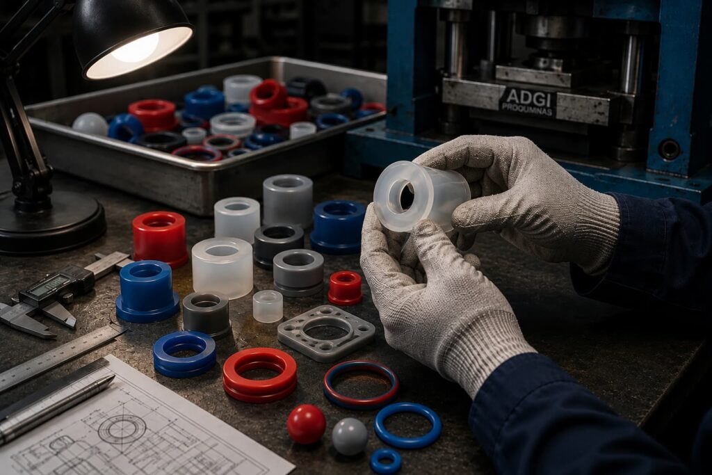 Artefatos e peças técnicas em silicone colorido, incluindo anéis, juntas, buchas, esferas e vedações em silicone translúcido, vermelho e azul fabricados sob medida pela ADGI Proquiminas.