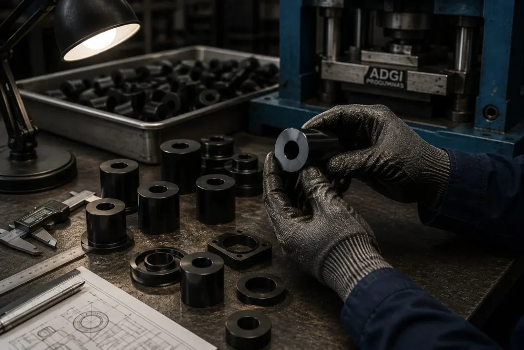 Fábrica ADGI Proquiminas com prensa hidráulica industrial, operador técnico e peças técnicas em borracha fabricadas sob medida para diversos segmentos industriais
