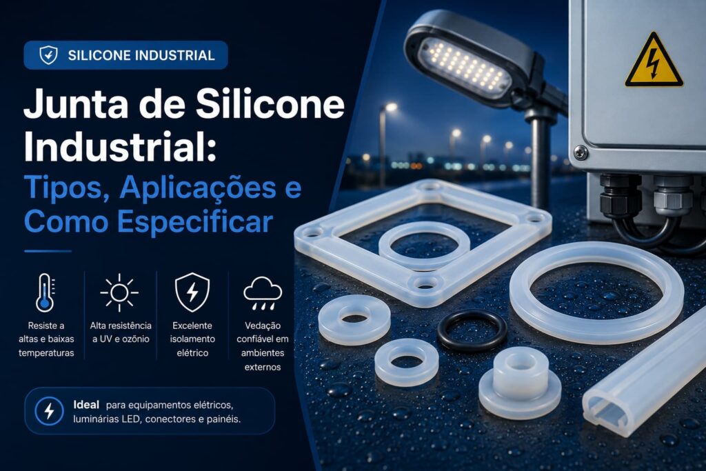Juntas de silicone industrial, arruelas, anéis e perfis de vedação posicionados ao lado de luminária LED e painel elétrico externo, destacando aplicações em vedação e proteção elétrica.