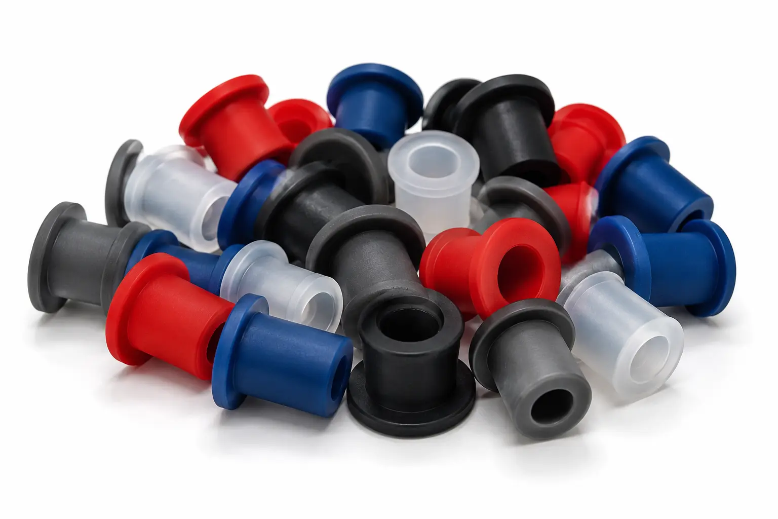 Peças Técnicas de silicone em diversas cores, azul, cinza, vermelho, preto e verde fabricados pela ADGI Proquiminas