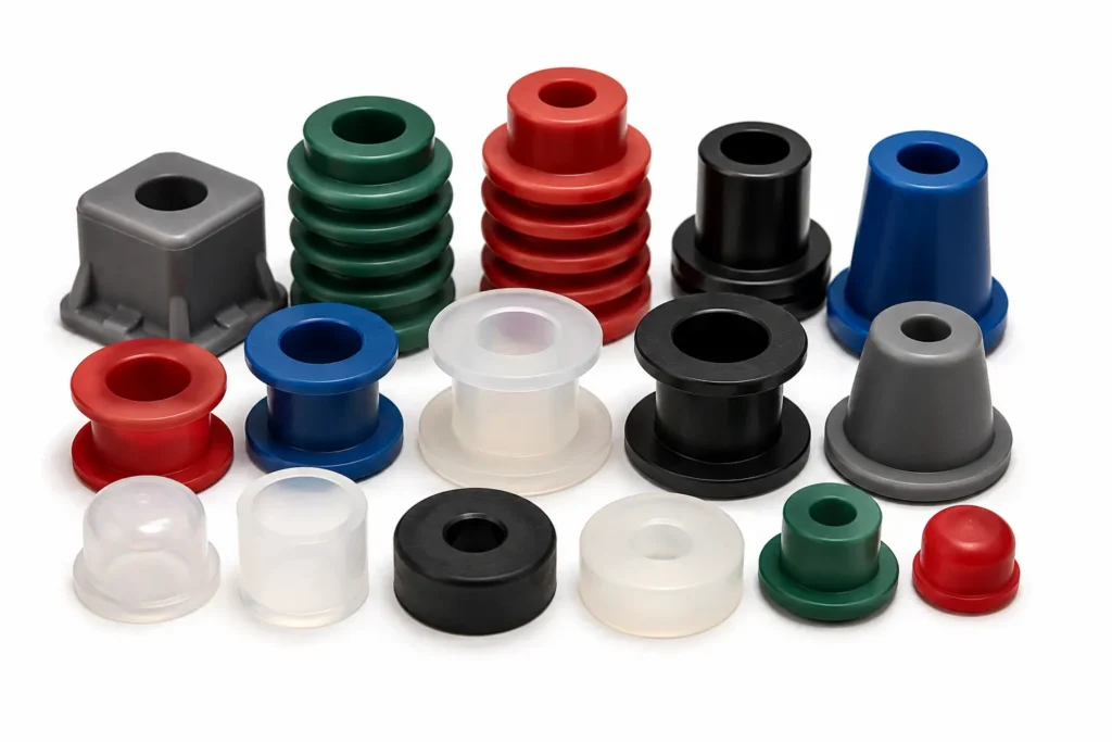 Peças técnicas em silicone translúcidas e coloridas, incluindo buchas, tampões, grommets e componentes especiais fabricados sob medida pela ADGI Proquiminas.