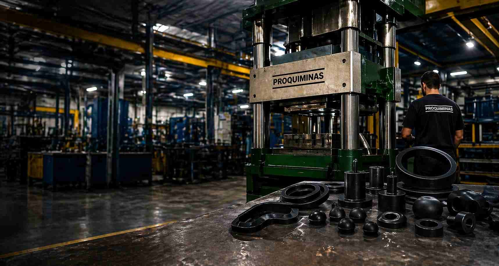 Fábrica ADGI Proquiminas com prensa hidráulica industrial, operador técnico e peças técnicas em borracha fabricadas sob medida para diversos segmentos industriais