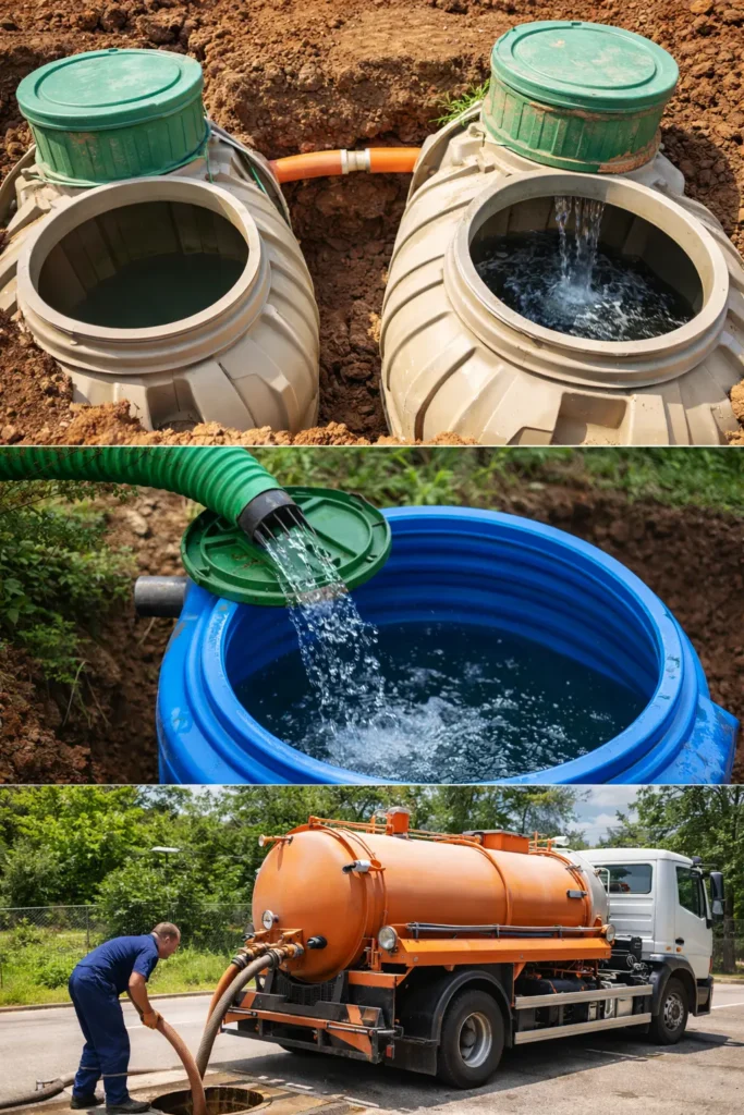 Sistemas de saneamento com fossa séptica, captação de água da chuva e caminhão limpa fossa